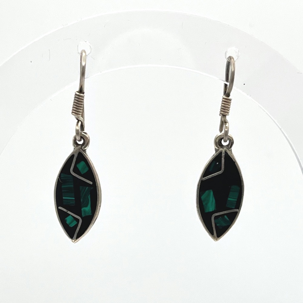 Taxco Mexico 925 Sterling Silver Malachite Onyx Inlay Marquise Drop Earrings
